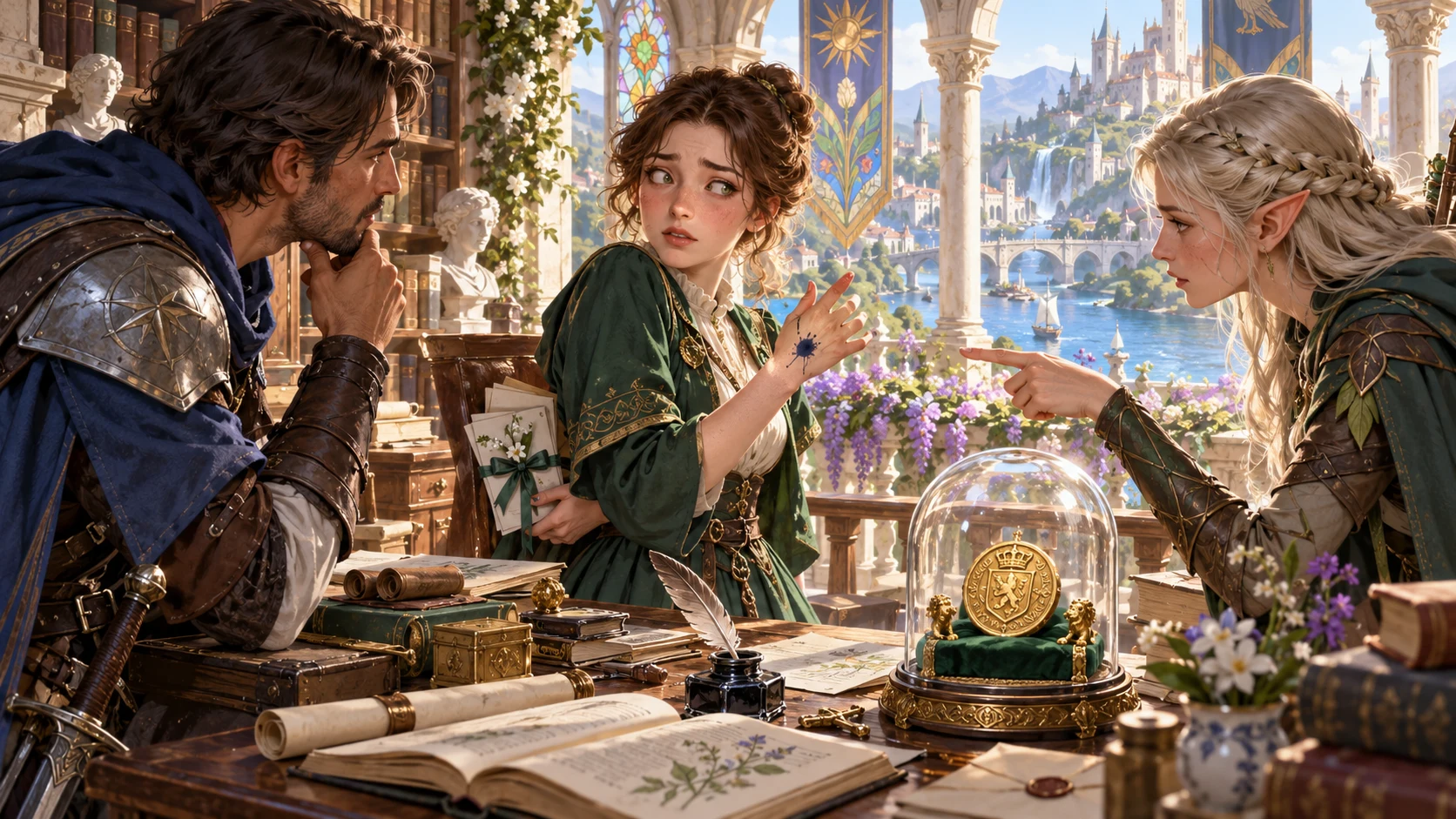 An illustrated fantasy scholar with an ink-stained hand speaks to two adventurers beside a displayed medal and papers.