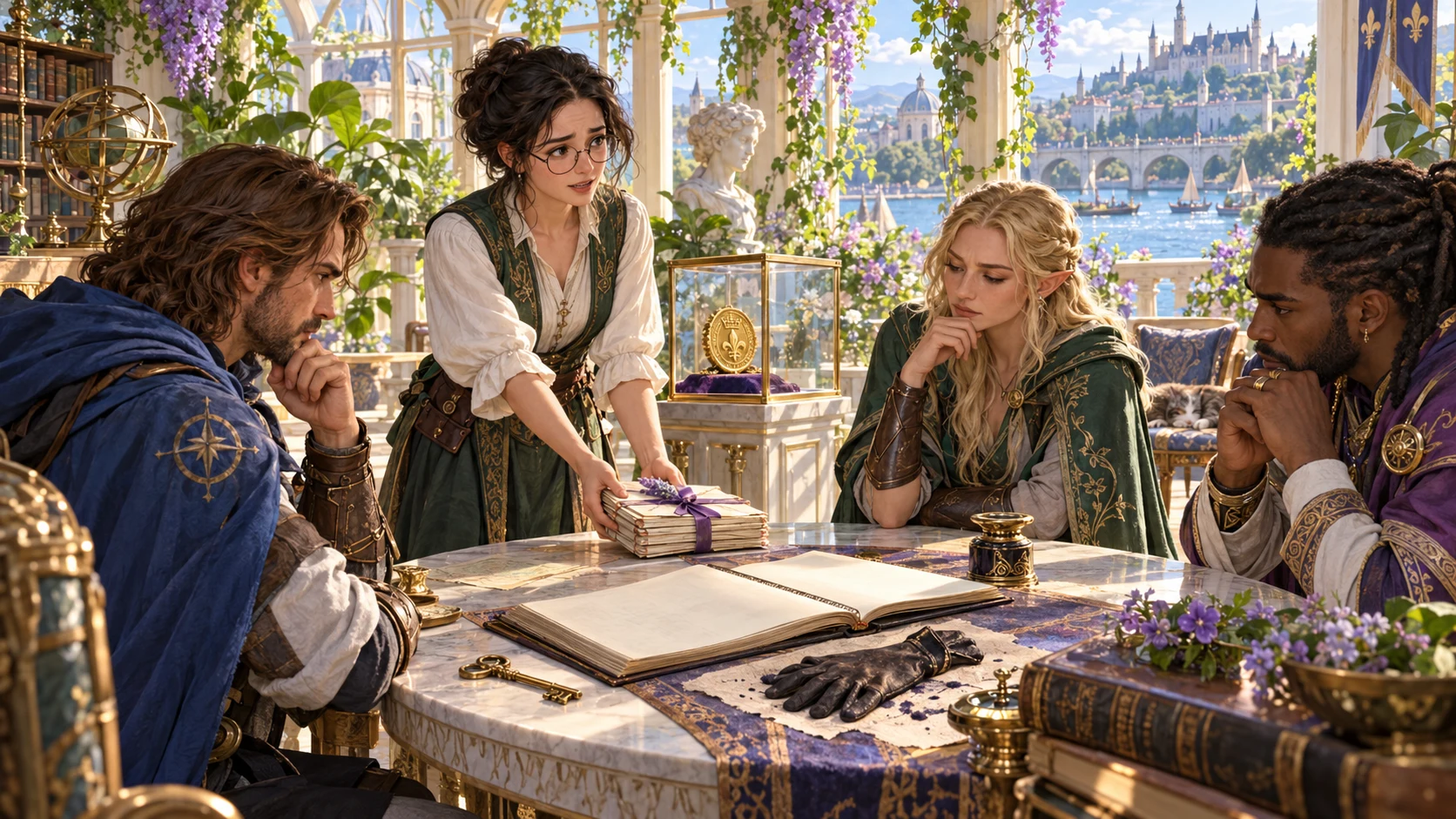 A fantasy scholar offers a tied bundle of letters to adventurers gathered around an open book and stained gloves.