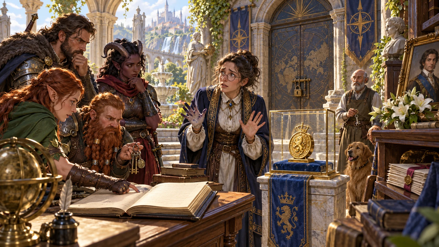 Fantasy adventurers examine an open ledger while a scholar raises stained hands beside a locked door and displayed medal.